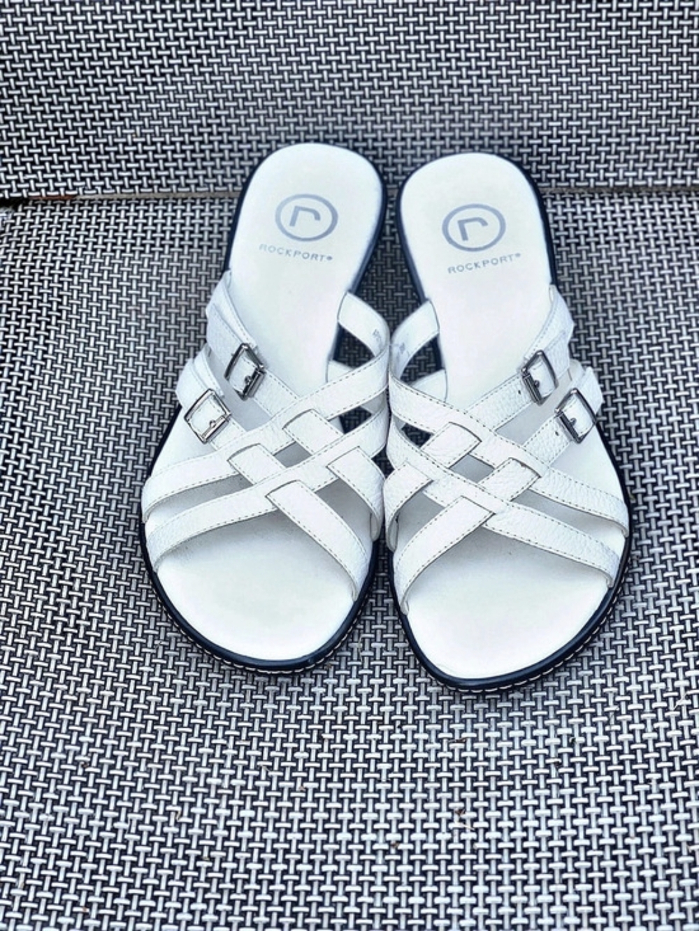 Rockport White Leather Strappy Buckle Slide Sandals Wedge Heels Size 8M